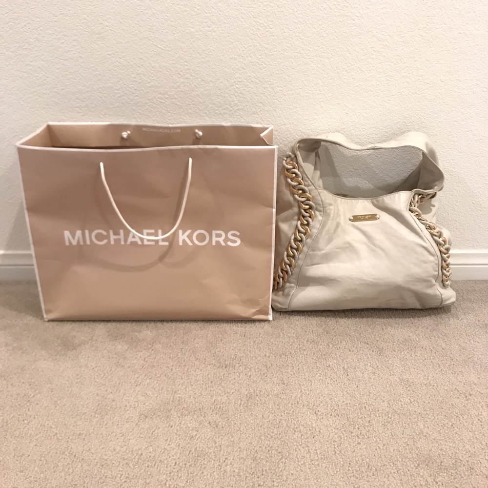 Michael Kors Cream Leather Gold Chain Tote